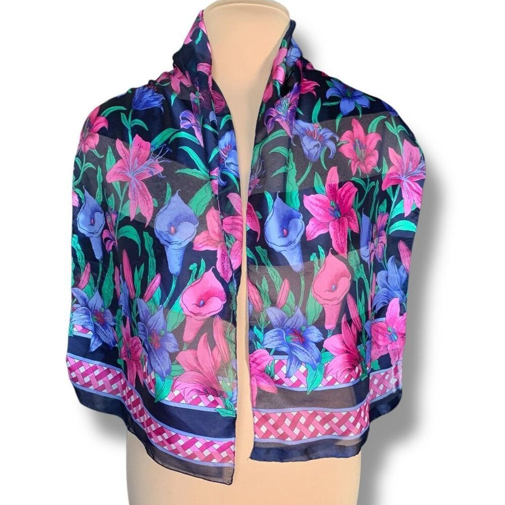 Berkshire Made in‎ Italy Floral Scarf Sheer Bright Pink Purple Green Polyester